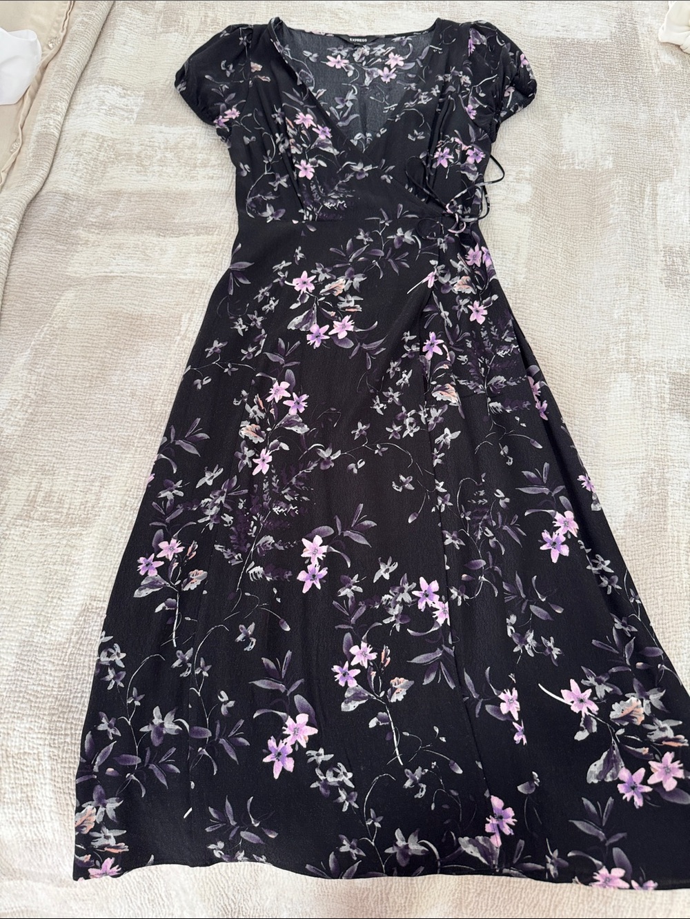 Express Black Midi Wrap Dress with Lilac Floral Print